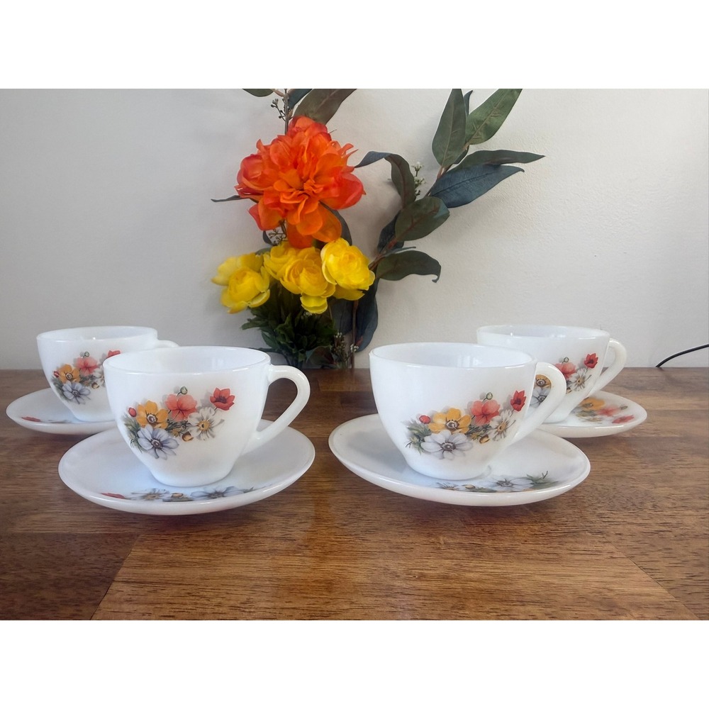 Vintage Arcopal France Anemone Floral Tea Cups and Saucers Milk Glass Retro